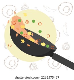 Tasty fried rice or nasi goreng in a wok pan with spices flat design illustration
