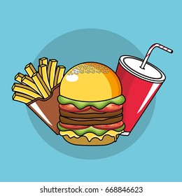 tasty fries french, hamburger and soda plastic cup
