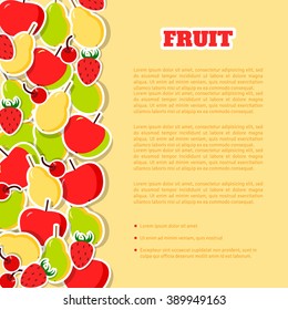 Tasty fruit background. Dessert menu cover template. Juicy fruits. Pomegranate, tangerine, plum, grapes, strawberry. Creative background, colorful flat elements. Place for text. Vector illustration.