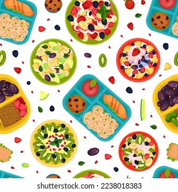 Tasty Fruit Food for Breakfast Seamless Pattern Design with Meal Served on Plate Top View Vector Template