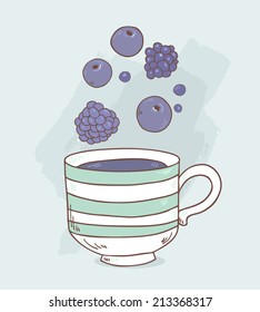 Tasty fruit tea with blueberries and blackberry. Vector illustration