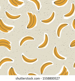 Tasty fruits. Bananas. Paper cut sticker style. Stamp texture. Top view. Hand drawn colored trendy vector seamless pattern. Cartoon style. Flat design