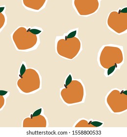 Tasty fruits. Peaches. Paper cut sticker style. Side view. Hand drawn colored trendy vector seamless pattern. Cartoon style. Flat design