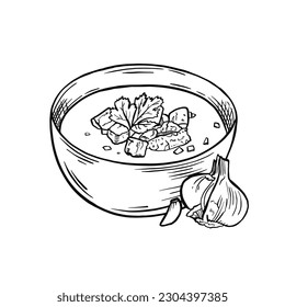 Tasty garlic soup in bowl on white background