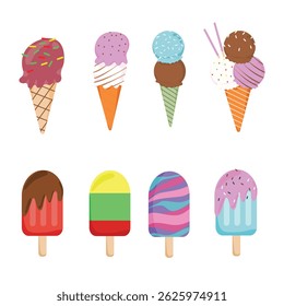 Tasty Gelato and Ice Cream Collection with Scoops and Cones | Sweet Summer Dessert Vector Pack with Ice Cream and Popsicles