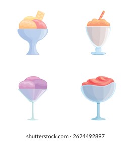 Tasty gelato icons set cartoon vector. Ice cream in various flavor and topping. Sweet food