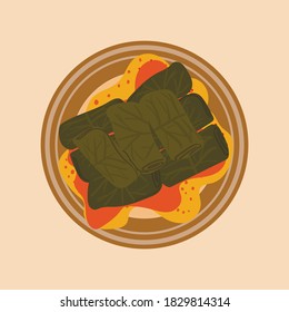 Tasty Georgian mealof grape leaves with minced meat. Vector illustration of Dolma.