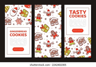 Tasty gingerbread cookies mobile app templates. Sweet fragrant Christmas and New Year winter holidays dessert landing page cartoon vector