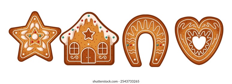 Tasty gingerbreads cookies for Christmas party flat color vector objects set. Pastry for holiday illustrations bundle on white background