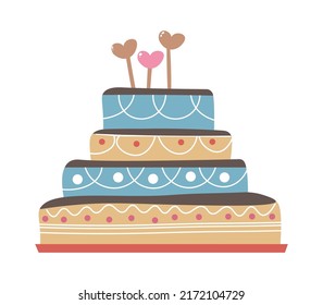 Tasty glazed dessert for special occasions, isolated birthday cake for children. Hearts decoration and layers of cream, sugar and icing on top. Candy or cookies decoration. Vector in flat style