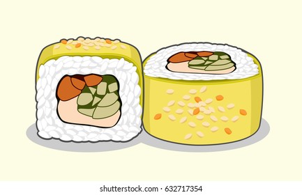 Tasty green dragon uramaki sushi roll with eel fish, avocado, cucumber, sesame seeds and cream cheese. Vector illustration isolated on a light background.