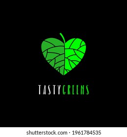 Leckeres Greens Logo. Blätter in Form des Herzens auf schwarzem Hintergrund.