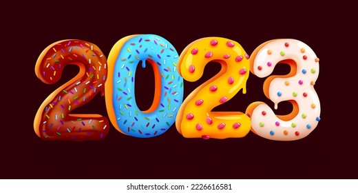 Tasty Greeting Card Happy New Year 2023. Colorful glazed Sweet numbers. Greeting Card, Banner, Poster. Vector Illustration