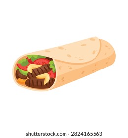 Tasty Grilled Beef Tortilla Wrap with Fresh Lettuce and Tomatoes, Mexican Food Illustration Vector