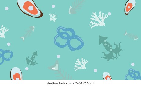 Espetos de camarão grelhados saborosos com conchas, peixes e bolhas no fundo turquesa. Arte digital divertida e fresca com temática de frutos do mar para projetos culinários e marinhos