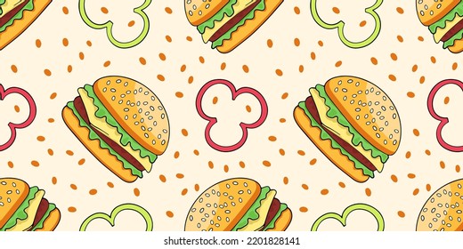 Tasty hamburger or cheeseburger, vector seamless pattern in the style of doodles, hand drawn