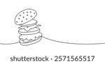 Tasty hamburger with flying ingredients one line continuous drawing. Traditional American fast food. Vector illustration.