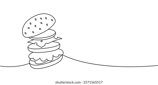 Tasty hamburger with flying ingredients one line continuous drawing. Traditional American fast food. Vector illustration.