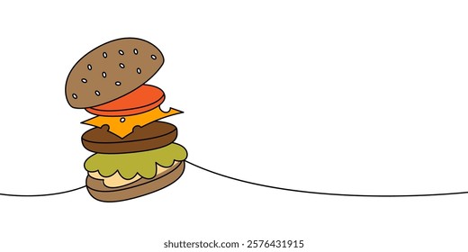 Tasty hamburger with flying ingredients one line colored continuous drawing. Traditional American fast food.