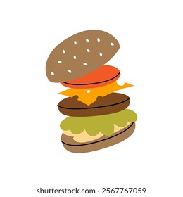 Tasty hamburger with flying ingredients. Traditional American fast food. Vector illustration.