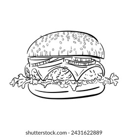 Tasty hamburger hand drawn with contour lines on white background. Drawing of juicy burger or sandwich with meat, cheese and vegetables, delicious fast food meal. Doodle sketch