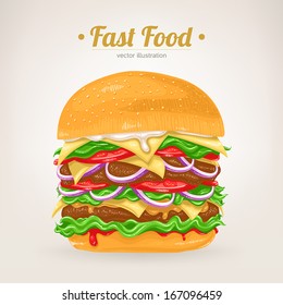 tasty hamburger with tomatoes, cheese, sauces and meat 