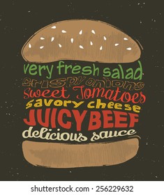  Tasty Hamburger. Vector Illustrations. Poster Burger Include: Very Fresh Salad, Crispy Onions, Sweet Tomatoes, Savory Cheese, Juicy Beef, Delicious Sauce.