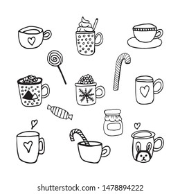 Tasty hand dawn vector set with coffee, cacao, warm beverage and candy. Doodle icon set for winter design and decoration. Isolated on white background