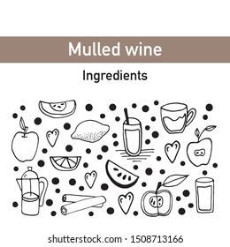 Tasty hand dawn vector set with mulled wine and ingredients. Doodle icon set for winter design and decoration. Isolated on white background