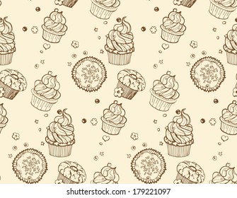 Tasty hand drawn seamless cupcake pattern