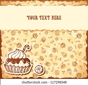 Tasty hand-drawing card made from seamless cupcake pattern