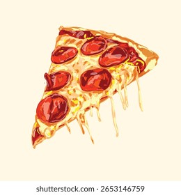 Tasty hand-drawn pepperoni pizza slice dripping with cheese. Perfect for menus, food blogs, pizzerias, or culinary designs. Ideal for Italian food lovers and vintage-style artworks.