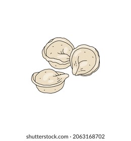 Tasty handmade dumplings from dough, meat in colored sketch vector illustration isolated on white background. Delicious traditional Ukrainian or Russian homemade food pelmeni