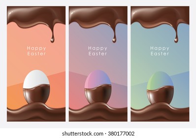 Tasty Happy Easter banners with egg candy dipped in chocolate. Chocolate borders decoration, chocolate header and footer for app user interface design. Colorful gradients