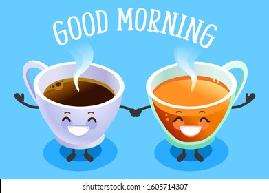 The tasty and healthy aroma of a morning beverage. Green ingredient as a leaf in a hot organic delicious drink to taste the natural lifestyle concept. Cartoon flat vector illustration.