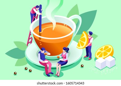 The tasty and healthy aroma of a morning beverage. Green ingredient as a leaf in a hot organic delicious drink to taste the natural lifestyle concept. Cartoon flat vector illustration.