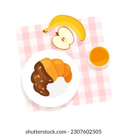 Tasty healthy breakfast top view. Croissant with chocolate, orange juice, banana, apple. Table with tablecloth. Vector illustration isolated.