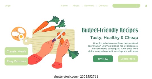 Tasty, healthy and cheap budget friendly recipes for all family. Try now classic meals and easy dinners for breakfast or lunch. Website landing page template, internet site. Vector in flat style