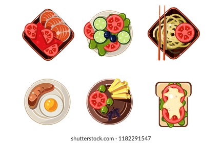 Tasty healthy dishes from different countries of the world set, dinner table, top view vector Illustration on a white background