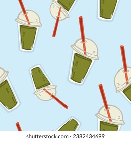 Tasty and healthy drink in plastic cup with straw. Organic and natural ingredient for dieting and nourishment, smoothie. Background or wallpaper, seamless pattern print. Vector in flat style