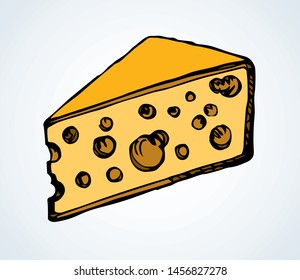 Tasty healthy fat dutch brie segment on light backdrop. Freehand outline black ink hand drawn french chees emblem design in retro art doodle engrave print style pen on paper text space. Closeup view