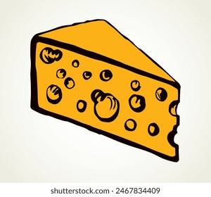 Tasty healthy fat dutch brie segment on light backdrop. Freehand outline black ink hand drawn french chees emblem design in retro art doodle engrave print style pen on paper text space. Closeup view