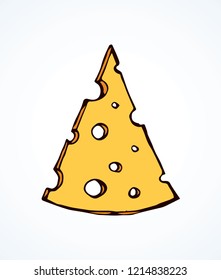 Tasty healthy flat fat brie chees segment on white backdrop. Bright milky color hand drawn maasdam cheez restaurant menu pictogram emblem sketch in retro art doodle silhouette style on space for text