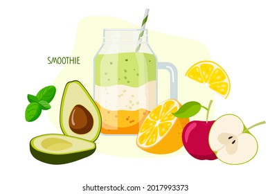 Tasty healthy smoothie. Avocado, apple, orange fruit smoothie. Glass smoothie mug with color liquid. Food and drinks isolated. For menu healthy eating. Fresh energetic drink. Healthy superfood recipe.