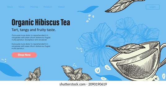 Tasty And Healthy Warm Drink, Beverage With Dry Leaves And Flowers. Hibiscus Tea, Organic And Natural Product For Stress Relief And Relax. Website Or Landing Page Template, Vector In Flat Style