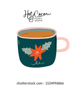 Tasty holiday hot drink in cartoon style. Hand drawn cute Merry Christmas illustration with new year typography wish. Vector isolated. Cozy winter mood. Hygge cocoa, tea, coffee, cuppuccino.