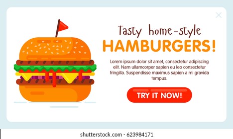 Tasty home styled advertisement for junk food online store or online order internet form. Big tasty burger. Flat design. Web banner concept
