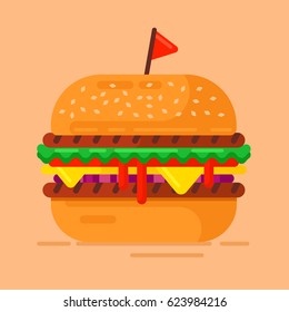 Tasty home styled hamburger for junk food menu illustration. Big tasty burger. Flat design. Food store concept