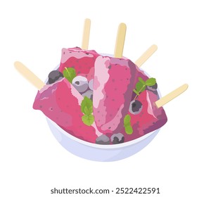 Tasty Homemade blueberry vector ice cream or popsicles with green mint leaves and berry in bowl. Cartoon sweet cold summer dessert illustration.