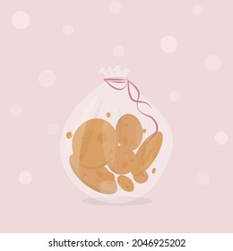 Tasty homemade cookies in transparent package with purple ribbon on pink background, simple design